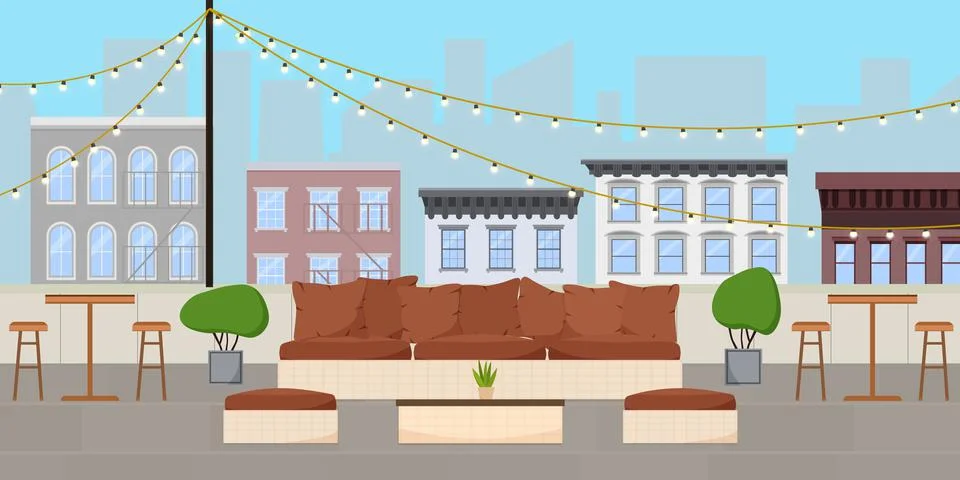 Flat vector illustration of rooftop terrace bar lounge with light bulb garlan Stock Illustration