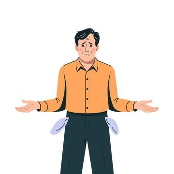 A flat vector illustration of a sad man showing his empty pockets. A concep.. Stock Illustration