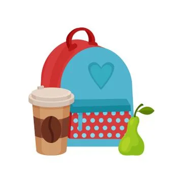 Flat vector illustration of school lunch. Backpack, coffee in plastic cup with Stock Illustration