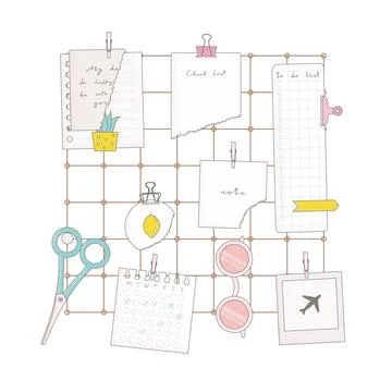 Flat vector illustration with scissors, cute paper notes, glasses, clip, card Stock Illustration