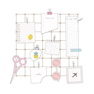 Flat vector illustration with scissors, cute paper notes, glasses, clip, card Stock Illustration