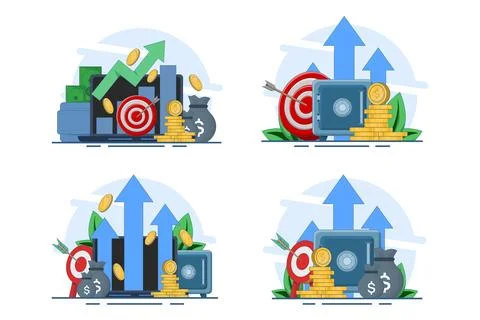Flat vector illustration set about building wealth through investments. Ilustración de archivo