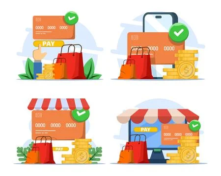 Flat vector illustration set about protected online shopping Stock Illustration