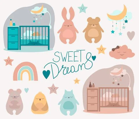 Flat Vector illustration set of baby crib, cute sleeping animals, cloud, star Stock Illustration