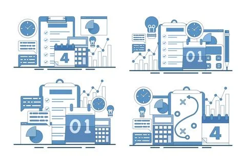Flat vector illustration set of business planning and data analytics 스톡 일러스트