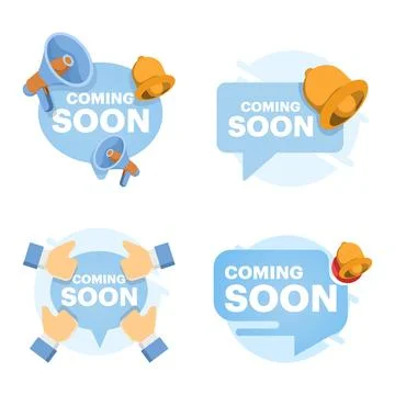 Flat vector illustration set of coming soon tag with speech bubble and bell Stock Illustration