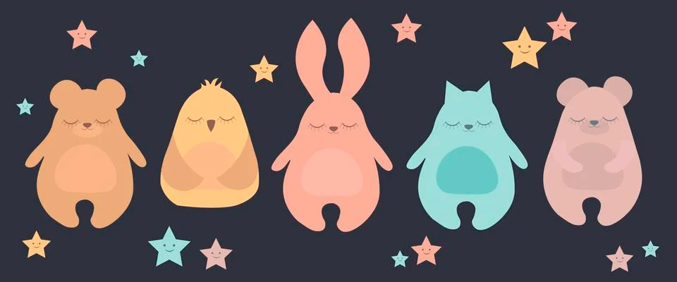 Flat Vector illustration set of cute sleeping animal including bear, rabbit,  Stock Illustration
