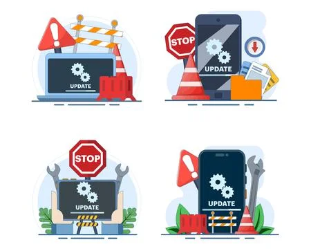 Flat vector illustration set depicting system maintenance, software errors. Stock Illustration