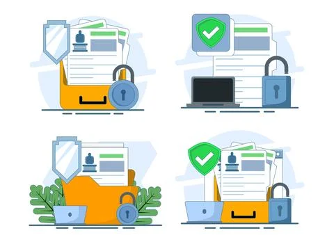 Flat vector illustration set of document protection with shield and padlock 스톡 일러스트