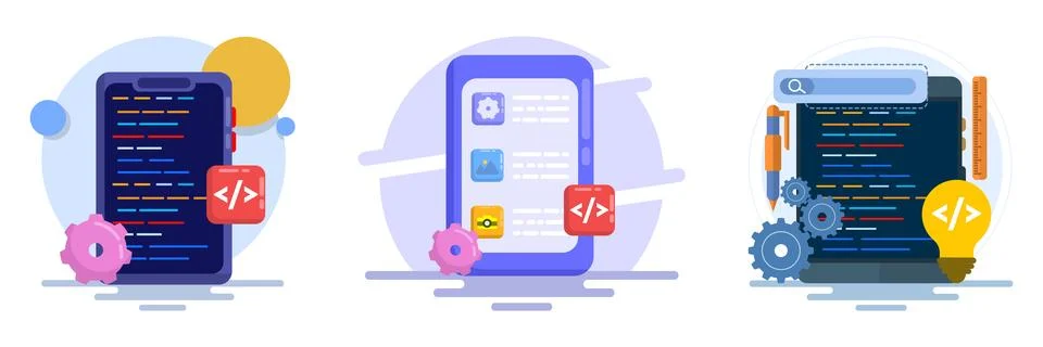 Flat vector illustration set featuring mobile app development 스톡 일러스트