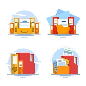 Flat vector illustration set featuring file organization, database storage. 스톡 일러스트