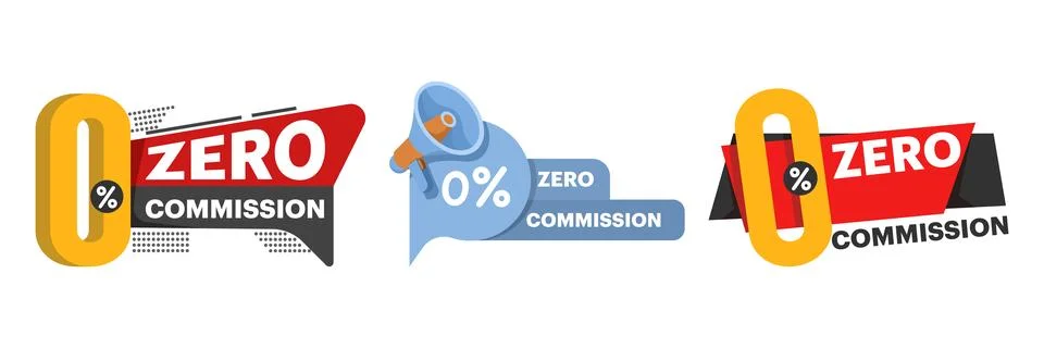 Flat vector illustration set featuring zero percent commission badge Stock Illustration