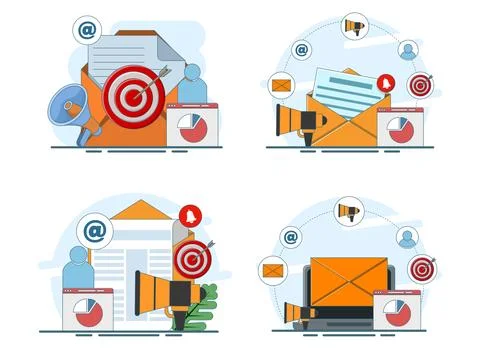 Flat vector illustration set featuring business email marketing elements Stockillustratie