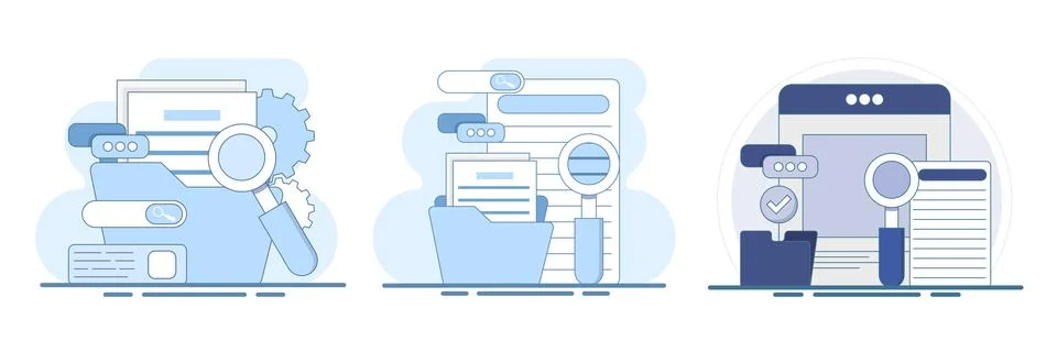 Flat vector illustration set featuring magnifying glass and file search icon Stock Illustration