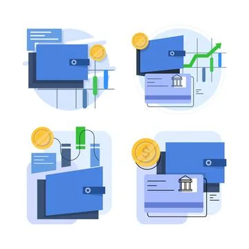Flat vector illustration set featuring e-wallet system, fintech coding 스톡 일러스트