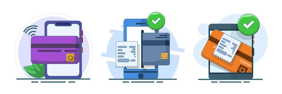 Flat vector illustration set featuring cashless payment technology Stockillustratie