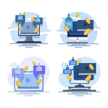 Flat vector illustration set featuring video blog monetization Stock Illustration