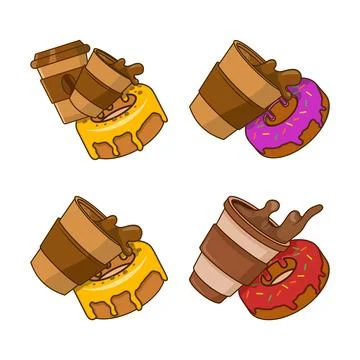 Flat vector illustration set featuring donut and disposable coffee cup cartoon Stock Illustration