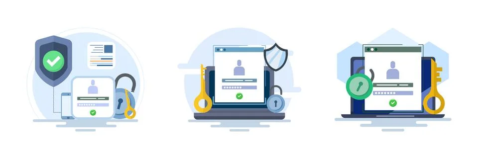 Flat vector illustration set featuring strong password authentication Illustrazione stock