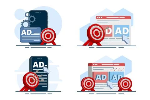 Flat vector illustration set featuring pay per click advertising Иллюстрация