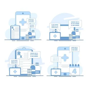 Flat vector illustration set featuring online pharmacy Illustrazione stock
