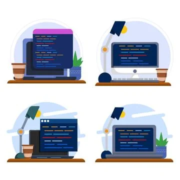 Flat vector illustration set featuring programmer desk setup Stock-Illustration