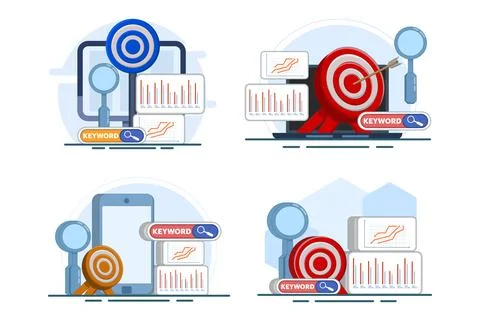 Flat vector illustration set featuring targeted keywords for SEO Illustration