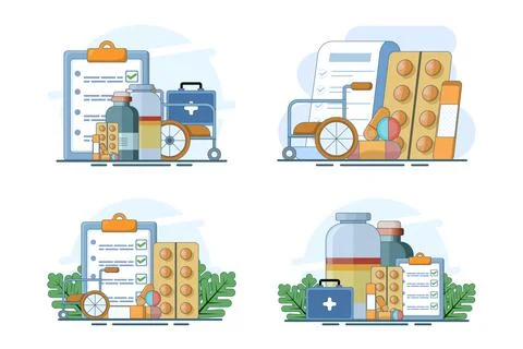 Flat vector illustration set featuring hospital and medicine website interface Stock Illustration
