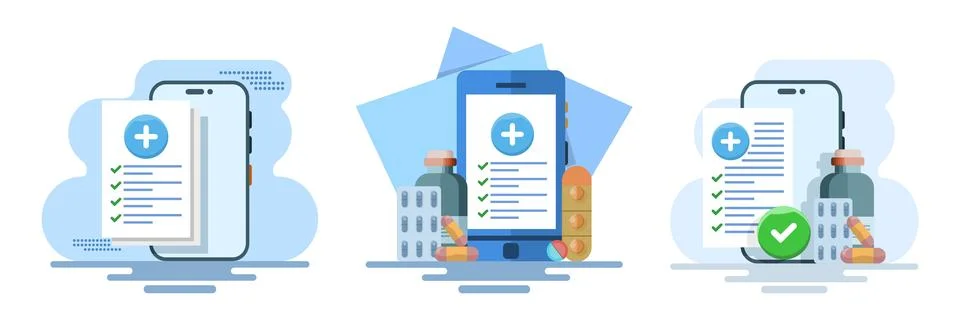 Flat vector illustration set featuring online medical prescription form Stock Illustration