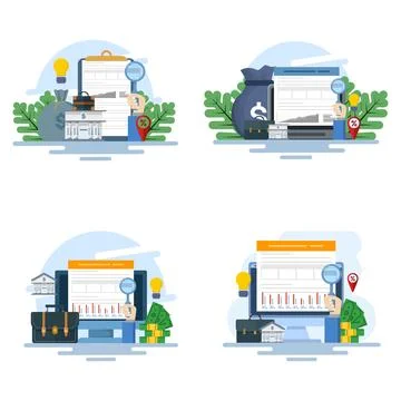 Flat vector illustration set featuring accounting system Stock Illustration