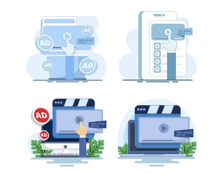 Flat vector illustration set featuring non-skippable in-stream video ads Stock Illustration
