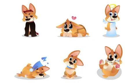 Flat Vector Illustration Set Of Funny Cartoon Welsh Corgi Pembroke Illustrazione stock