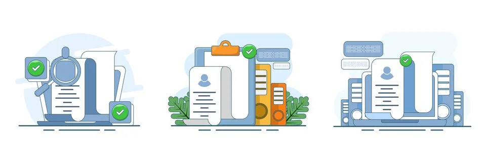 Flat vector illustration set of human resources staff reviewing resumes Stock Illustration