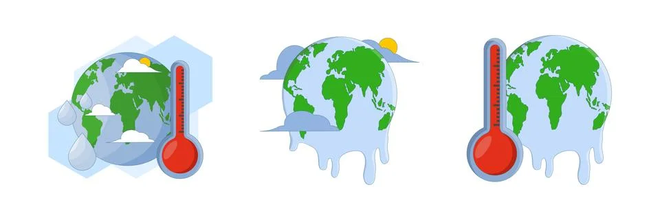 Flat vector illustration set of melting globe and thermometer concept 스톡 일러스트