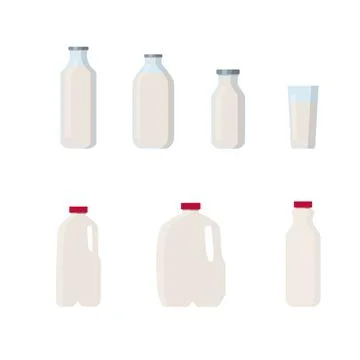 Flat vector illustration set of milk, kefir in different plastic packages and Stock Illustration