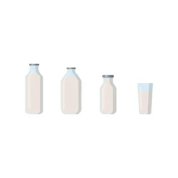 Flat vector illustration set of milk, kefir in different glass bottles. Isolated Stock Illustration