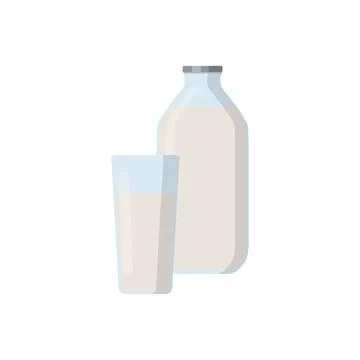Flat vector illustration set of milk, kefir iin old fashioned glass bottle an Stock Illustration