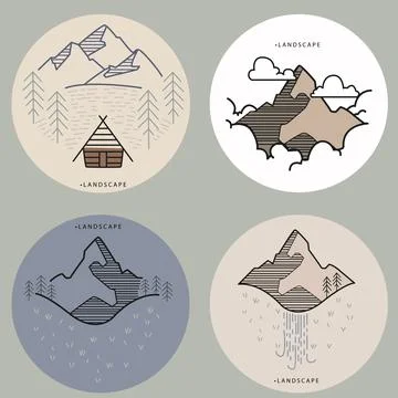 Flat vector illustration. Set with mountains and spruces. The concept of na.. Stock Illustration