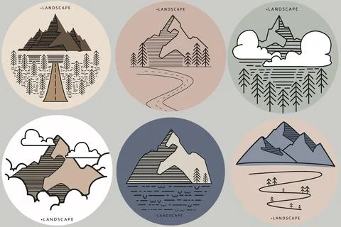 Flat vector illustration. Set with mountains and spruces. The concept of na.. Stock Illustration