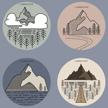 Flat vector illustration. Set with mountains and spruces. The concept of na.. Stock Illustration