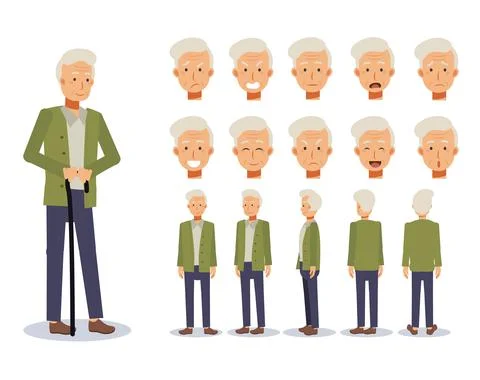 Flat Vector illustration set of old man ,Front, side, back view . emotion exp Stock Illustration