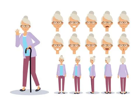Flat Vector illustration set of old lady ,Front, side, back view . emotion ex Stock Illustration