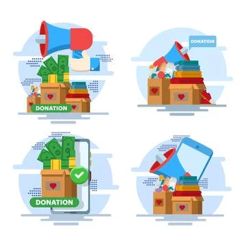 Flat vector illustration set of online donation participation and charity Stock Illustration