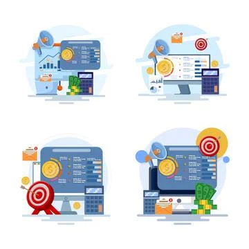 Flat vector illustration set of online marketing budget, investment strategy. 库存插图