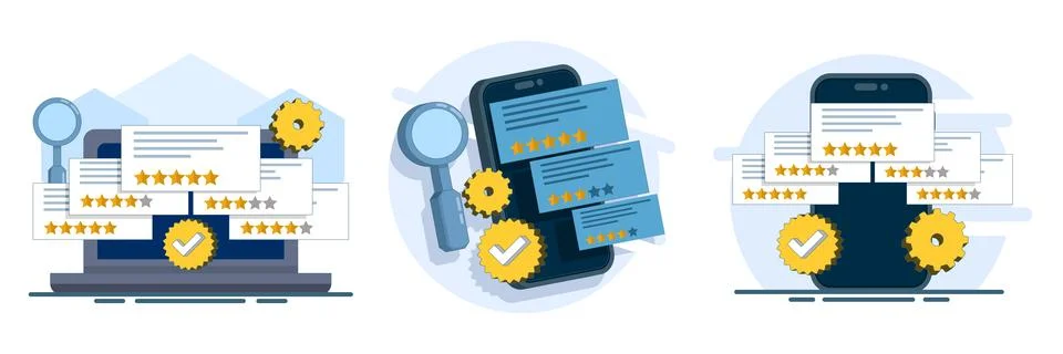 Flat vector illustration set of review management and online feedback response Stock Illustration