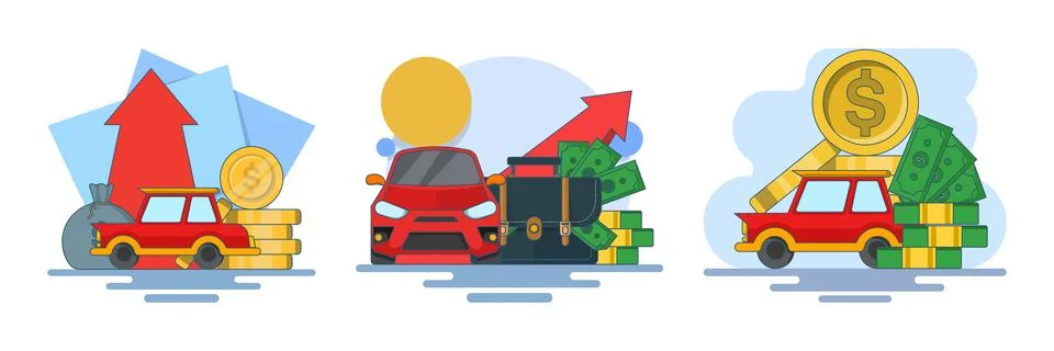 Flat vector illustration set of saving money coins to buy a car Ilustração Stock