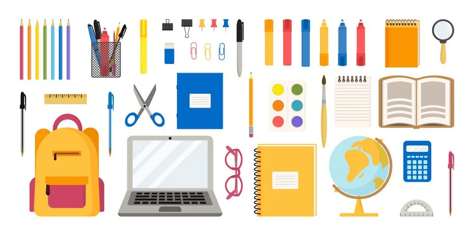 Flat vector illustration of set of school and office supplies. Back to school Stock Illustration