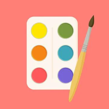 Flat vector illustration of set of school watercolor paints and paintbrush. I Stock Illustration