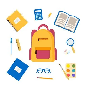 Flat vector illustration of set of school and office supplies around a backpa Stock Illustration