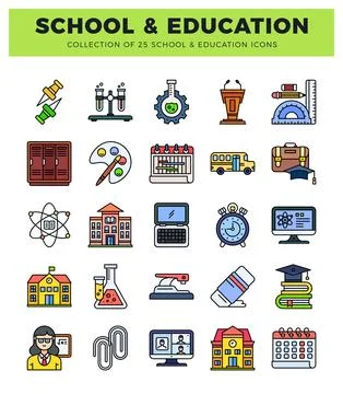Flat vector illustration set of school and education icons Stock Illustration